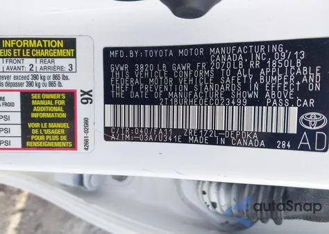2014 Toyota Corolla L from USA, damaged, VIN 2T1BURHE0EC023499